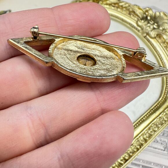 Vintage Jewelry Art Deco Black and Gold Tone Rhinestone Modern Brooch - Picture 5 of 14